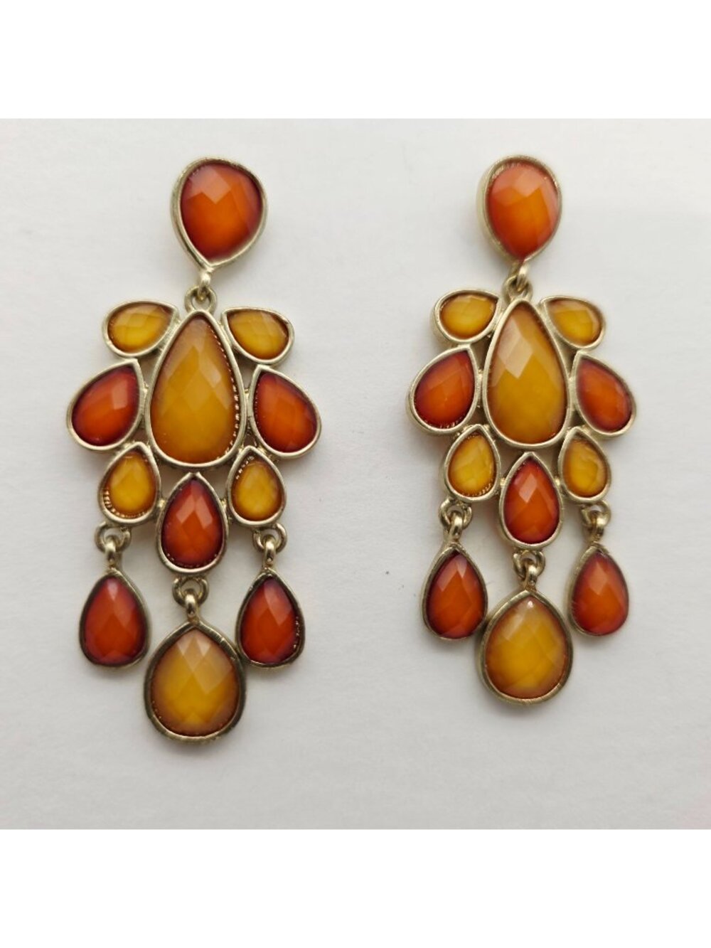 Gold-Tone Drop Earrings With Orange & Yellow Faceted Teardrop Stones 2.5'